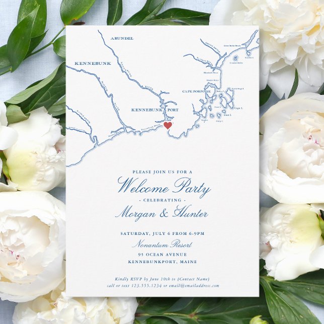 Invitación Kennebunkport Maine Elegant Wedding Fiesta de bien (Kennebunkport Maine Wedding Welcome Party Invitations with elegant navy blue map )