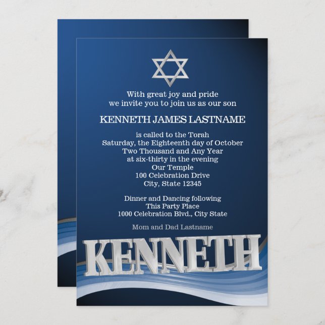 Invitación Kenneth Steel Wave Name Bar Mitzvah (Anverso / Reverso)
