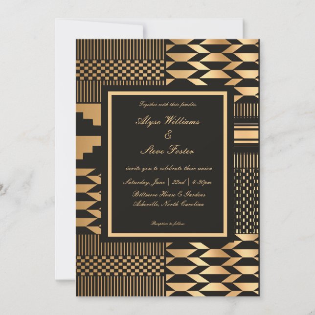 Invitación Kente negro y dorado (Anverso)