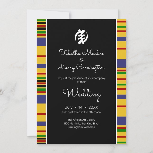 Invitación Kente Stripes, Gye Nyame, Boda blanco negro (Anverso)