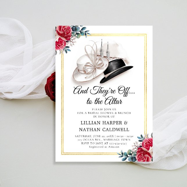 Invitación Kentucky Derby Gorras Shower Doble marco (kentucky derby bridal shower invitation wedding red roses churchill spires horse racing double frame)