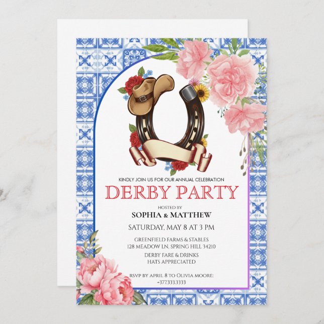 Invitación Kentucky Derby Wedding Invitation Floral Blue (Anverso / Reverso)
