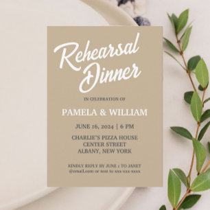 Invitación Khaki estilo simple Boda ensayo Cena