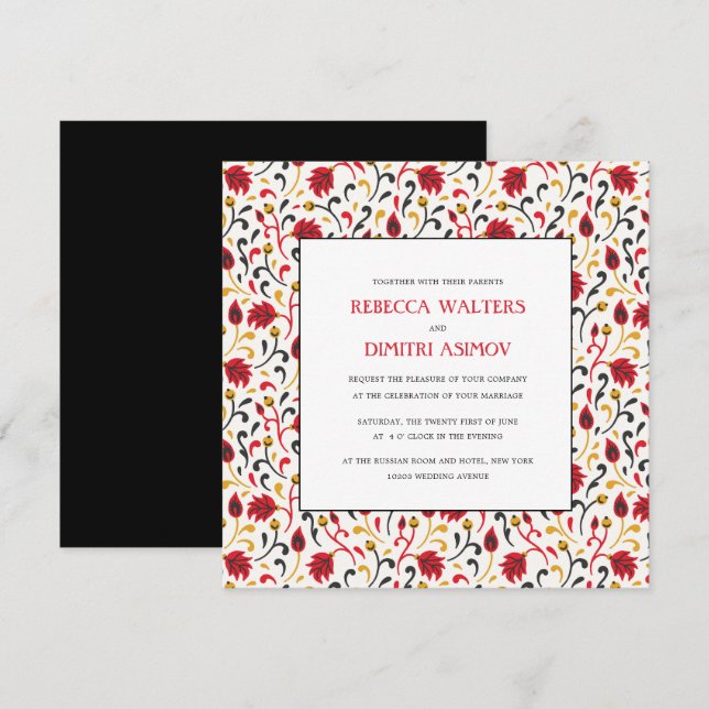 Invitación Khokhloma, Boda de follaje de arte folclórico ruso (Anverso / Reverso)