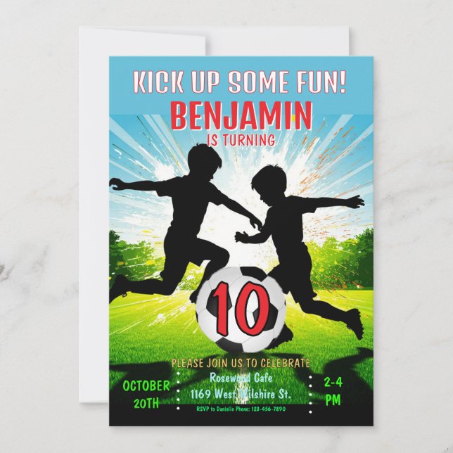 Invitación Kick Up Some Fun Soccer Ball Boys Birthday Party  (Anverso)