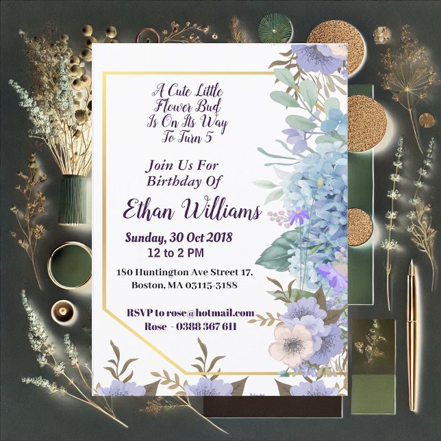 Invitación Kid Soft Blue Little Flower Bud Hydrangea Cumpleañ (Kid Soft Blue Little Flower Bud Hydrangea Birthday Invitation)