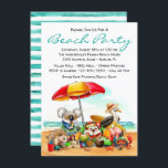 Invitación Kids Beach Fiesta Animals Beach Birthday Party<br><div class="desc">Invitaciones para fiestas de cumpleaños en la playa con lindos animales fiestas en la playa y fondo de rayas acuáticas. Esta invitación a una fiesta en la playa tropical se personaliza fácilmente para tu evento simplemente añadiendo tus detalles.</div>