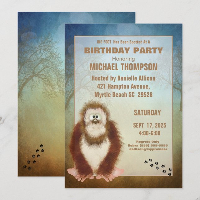 Invitación Kids Big Foot/ Sasquatch Birday Party (Anverso / Reverso)