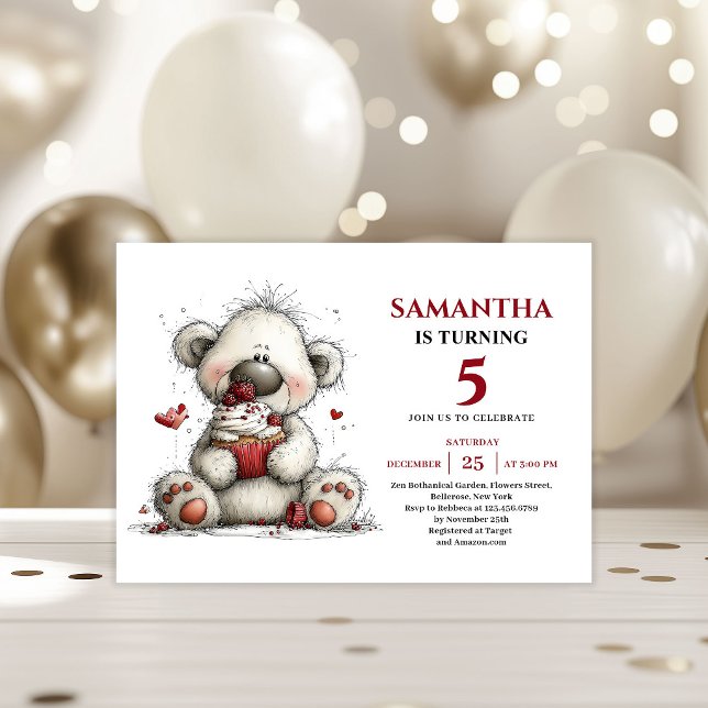 Invitación Kids Birthday Invitation Whimsical Teddy Bear (Modern Whimsical animals Party Art kids birthday invitation)