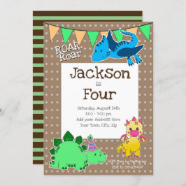 Invitación Kids Brown Dinosaur 4º Fiesta de cumpleaños