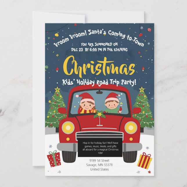 Invitación Kids Christmas Road Trip Car Holiday Party Card (Anverso)