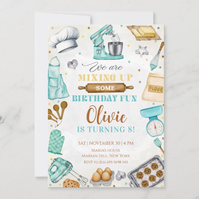 Invitación Kids Cooking Birthday, Kitchen Baking Chef  (Anverso)