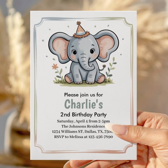 Invitación Kids Cute Green Elephant 2nd Birthday Party (Subido por el creador)