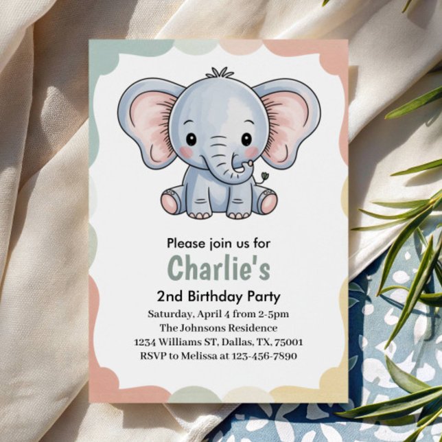 Invitación Kids Cute Green Elephant 2nd Birthday Party (Subido por el creador)
