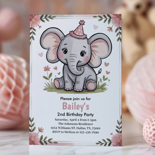 Invitación Kids Cute Pink Elephant 2nd Birthday Party (Subido por el creador)
