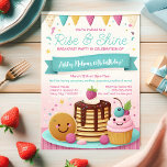 Invitación Kids Cute Rise and Shine Breakfast Fiesta de cumpl<br><div class="desc">La invitación tiene un tema de desayuno, ilustrado por una pila de crepes felices con una palmada de mantequilla y jarabe encima, junto con un alegre quequito con un torbellino de hielo rosa y una cereza. Los colores son suaves y pastel, con tonos rosas, azules y amarillos, y un fondo...</div>