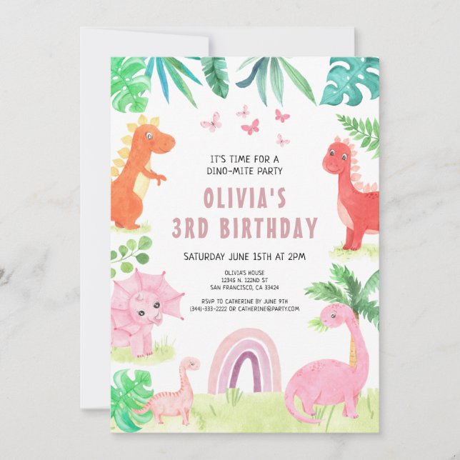 Invitación Kids Dino, Chica de la fiesta de cumpleaños de los (Anverso)