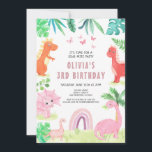 Invitación Kids Dino, Chica de la fiesta de cumpleaños de los<br><div class="desc">Este diseño de dinosaurios es genial para el chica de cumpleaños en tu vida. Dales un brindis de dino-mito con este diseño de temática de dino con trex,  triceratops,  brontosaurus y raptor.</div>