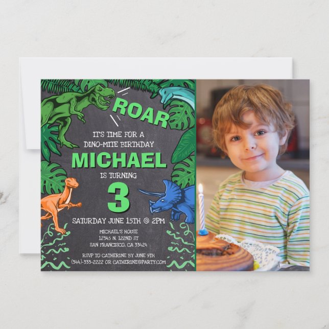 Invitación Kids Dino Trex Chalkboard Foto Dinosaur Cumpleaños (Anverso)