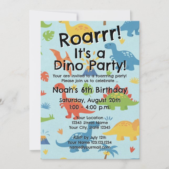 Invitación Kid's dinosaur Birthday party invitation template (Anverso)