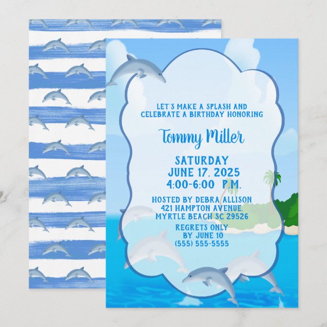 Invitación Kids Dolphin Splash Birday Party (Anverso / Reverso)