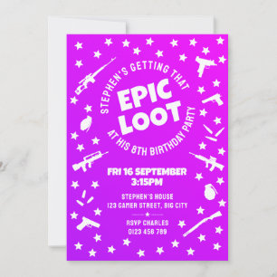 Invitación Kids Epic Loot Purple Gamer Fiesta de Cumpleaños