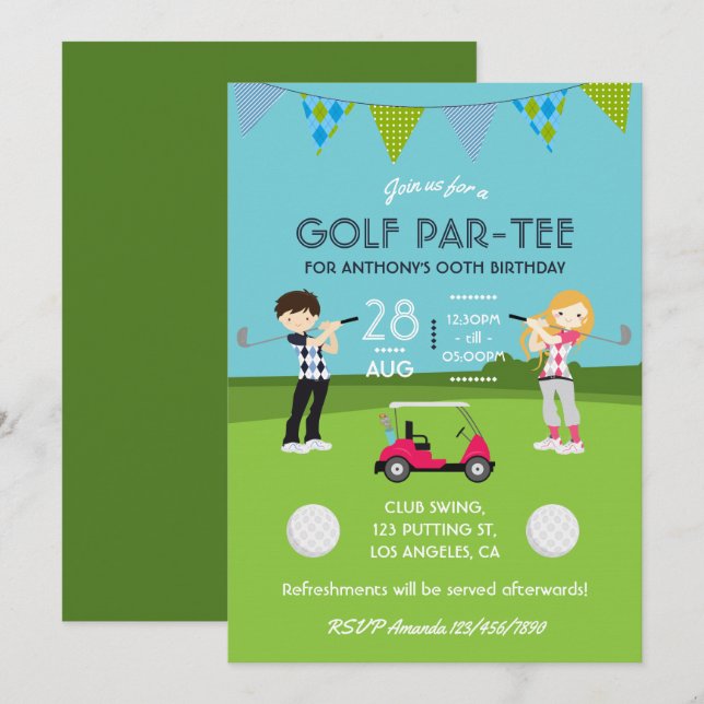 Invitación Kids Golf Theme Party Cumpleaños Personalizado (Anverso / Reverso)