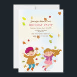 Invitación Kids Leaf Play Birthday Party<br><div class="desc">Invitación en otoño que muestra a dos niños jugando con hojas caídas. Perfecto para mellizos, hermanos, primos y amigos que celebran juntos. La tarjeta es fácil de personalizar con sus opciones de texto, tipo de letra, color de letra y forma de papel. ¿No es exactamente lo que buscas? Todos nuestros...</div>