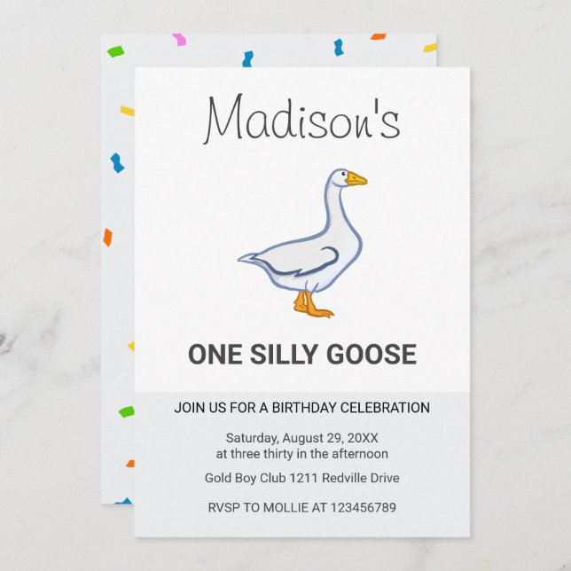 Invitación Kids One Silly Goose First Birthday (Anverso / Reverso)