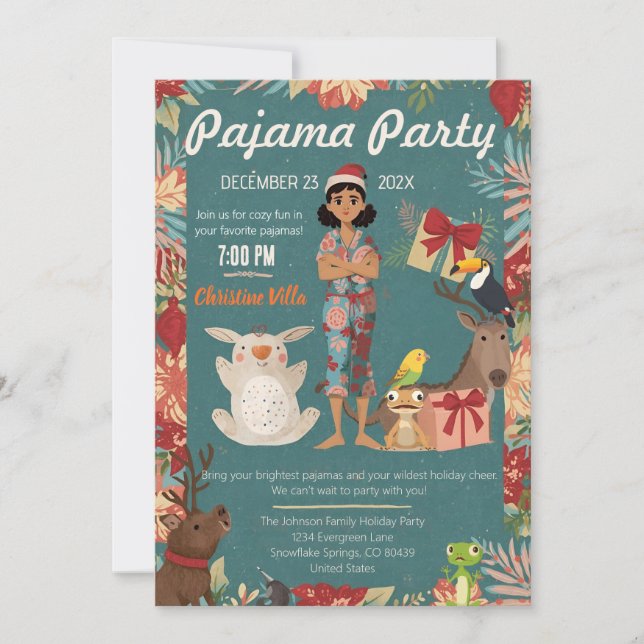 Invitación Kids Pajama Party Christmas Holiday Cozy Animals  (Anverso)