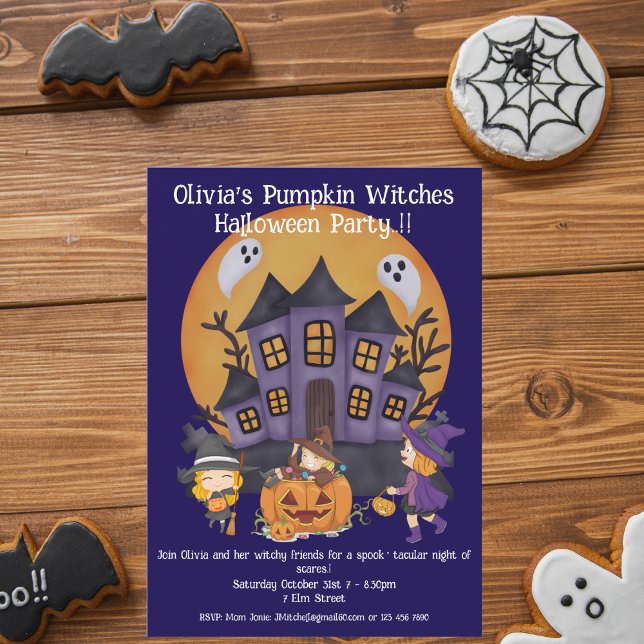 Invitación Kids Pumpkin Witness Party Halloween (Pumpkin Witches Halloween Party Invite)