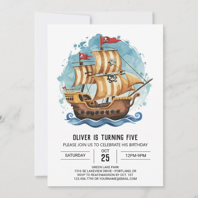 Invitación Kids Treasure Map Bote Pirate Cumpleaños (Anverso)