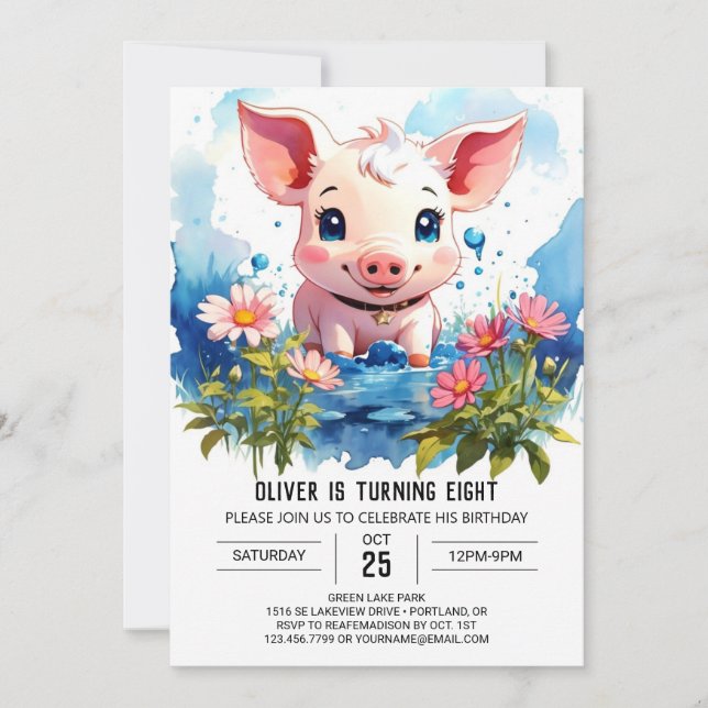 Invitación Kids Watercolor Piglet Barnyard Adventure Cumpleañ (Anverso)