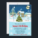 Invitación Kids Winds Navidades Village Birthday Party<br><div class="desc">Snowy Winter Navidades Village Scene design con un muñeco de nieve y un árbol de navidad,  y el trineo de santa en el cielo,  sobre un fondo azul</div>