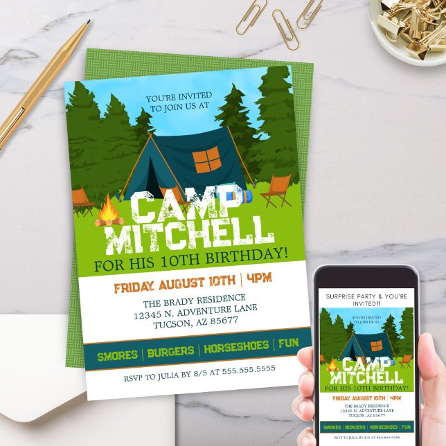 Invitación Kids Woodland Backyard Camp Out Cumpleaños (Fun Outdoors Adventure Kids Woodland Camp Out Birthday Party Invitation for Boys or Girls )