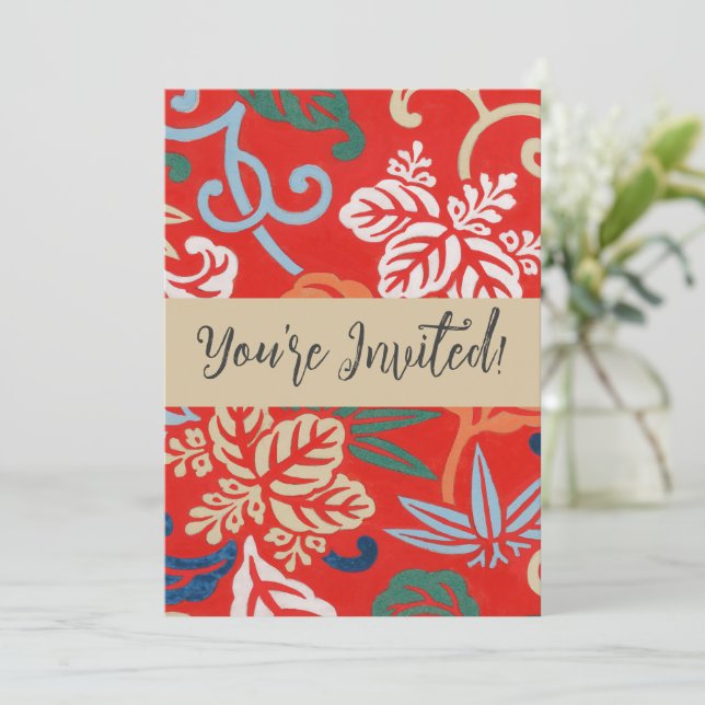 Invitación Kimono japonés rojo hawaiano: Floral vintage (Anverso de pie)
