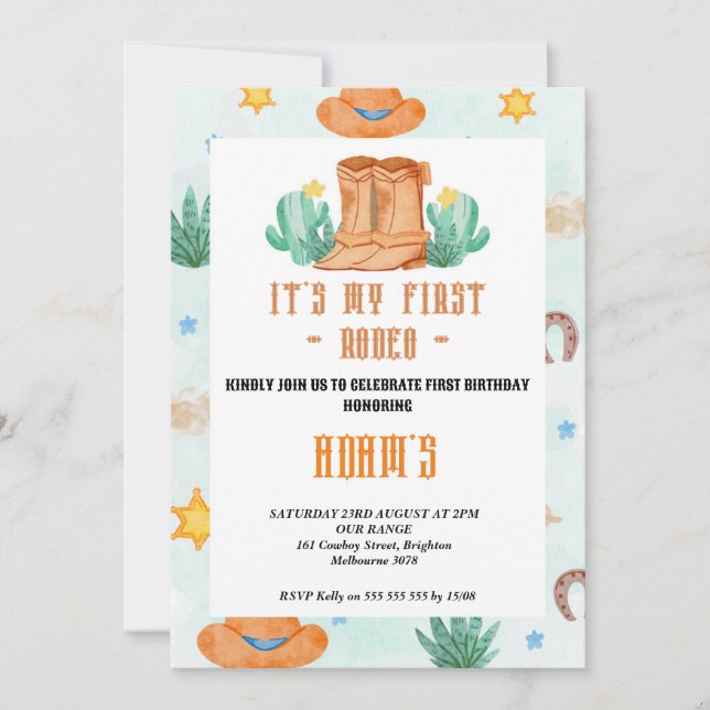 Invitación kindergarten My First Rodeo Cowboy (Anverso)