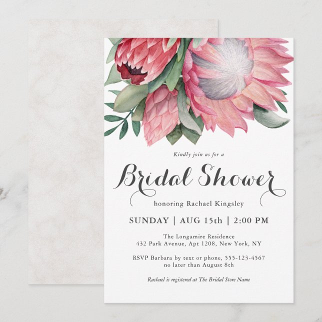 Invitación King Protea Watercolor Ducha Botánica Bridal (Anverso / Reverso)