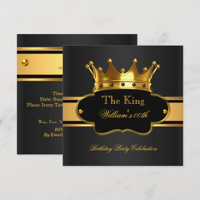 Invitación King Royal Black Gold Party Birday Party Mens Mans (Anverso / Reverso)