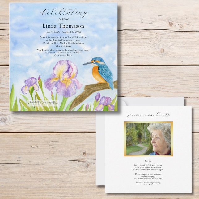 Invitación  Kingfisher Purple Irises Celebration of Life (Subido por el creador)