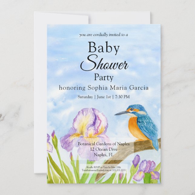 Invitación  Kingfisher with Purple Irises Baby Shower (Anverso)
