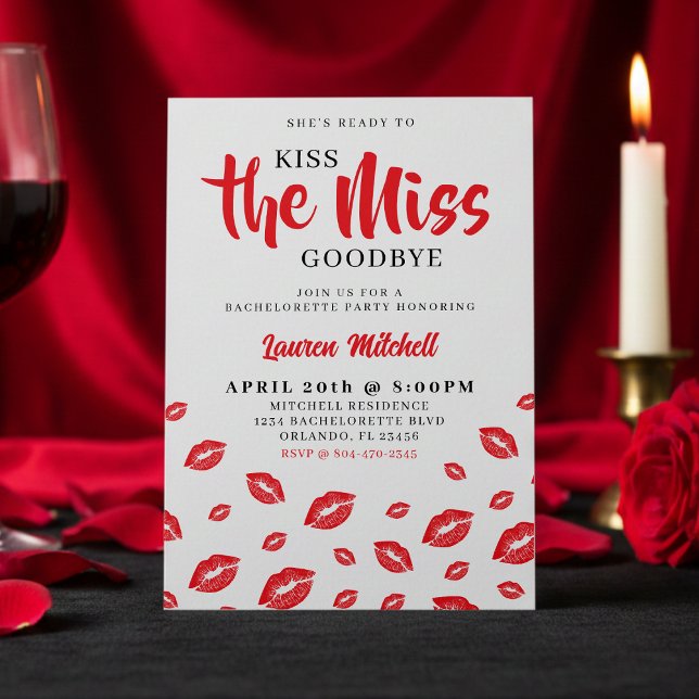 Invitación Kiss the Miss Goodbye Red Lip Bachelorette Party (Subido por el creador)