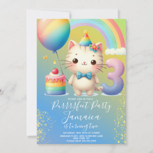 Invitación Kit de 3er Cumpleaños Gatito Fiesta Arcoíris