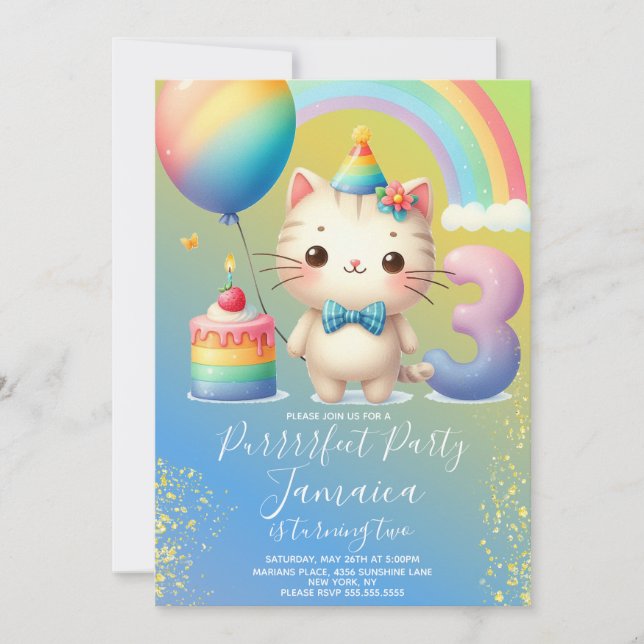 Invitación Kit de 3er Cumpleaños Gatito Fiesta Arcoíris (Anverso)