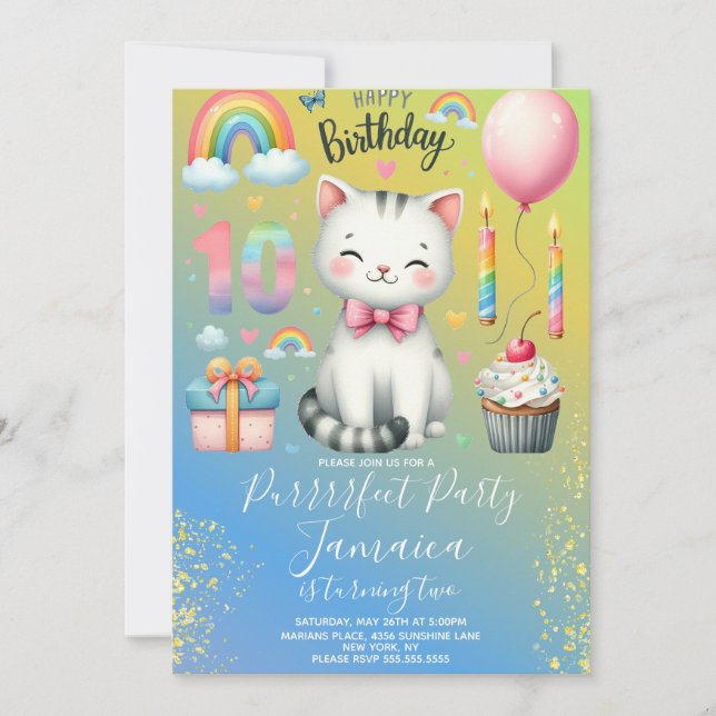 Invitación Kit de cumpleaños número 10 para gatito arcoíris (Anverso)