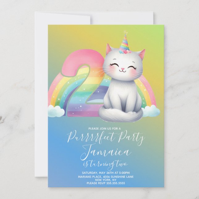 Invitación Kit de cumpleaños número 2 de gatito Arcoíris Fies (Anverso)