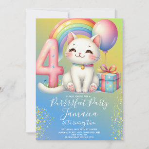 Invitación Kit de Cumpleaños número 4 Gatito Arcoíris Fiesta