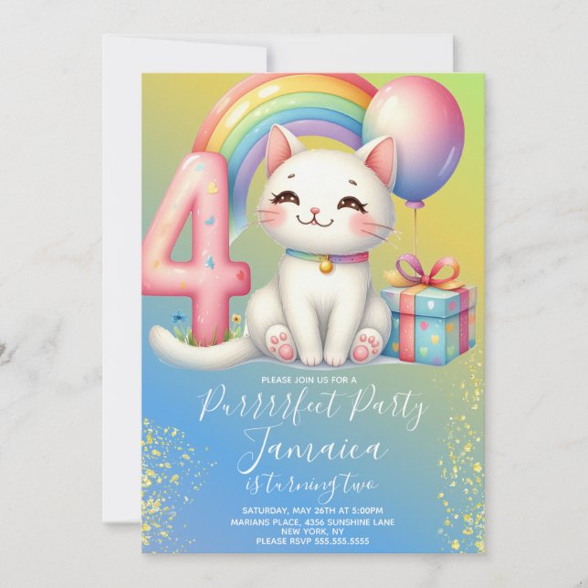 Invitación Kit de Cumpleaños número 4 Gatito Arcoíris Fiesta (Anverso)
