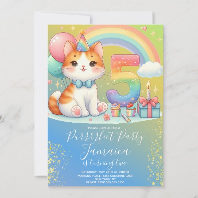 Invitación Kit de cumpleaños número 5 para gatito con arcoíri (Anverso)