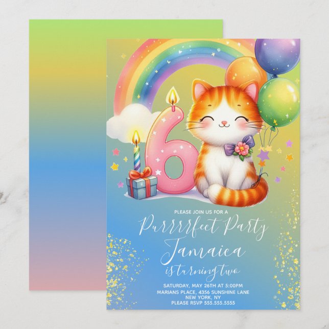 Invitación Kit de cumpleaños número 6 de gatito arcoíris (Anverso / Reverso)
